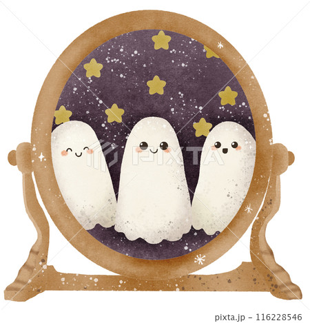Watercolor Hand drawn illustration Rustic watercolor cute ghosts stuck inside a mirror with star sky isolated spooky halloween cartoon character element Watercolor Hand drawn illustration Rustic watercolor cute ghosts stuck inside a mirror with star sky isolated spooky halloween cartoon character element 116228546
