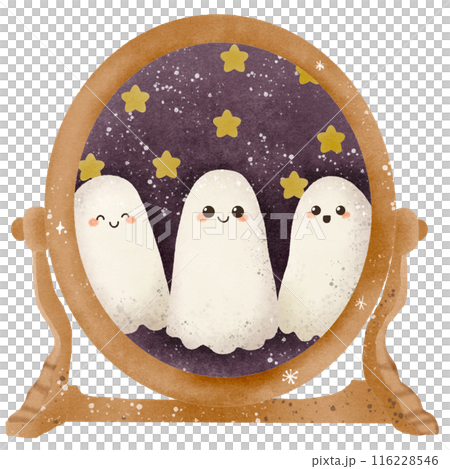 Watercolor Hand drawn illustration Rustic watercolor cute ghosts stuck inside a mirror with star sky isolated spooky halloween cartoon character element Watercolor Hand drawn illustration Rustic watercolor cute ghosts stuck inside a mirror with star sky isolated spooky halloween cartoon character element 116228546