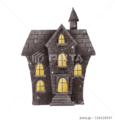 Watercolor Hand drawn illustration haunted old brick house isolated spooky halloween element Watercolor Hand drawn illustration haunted old brick house isolated spooky halloween element 116228547