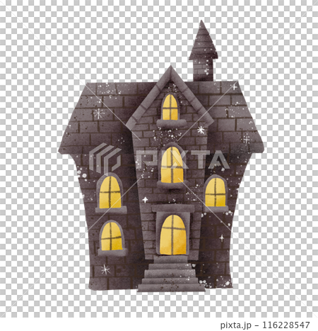 Watercolor Hand drawn illustration haunted old brick house isolated spooky halloween element Watercolor Hand drawn illustration haunted old brick house isolated spooky halloween element 116228547