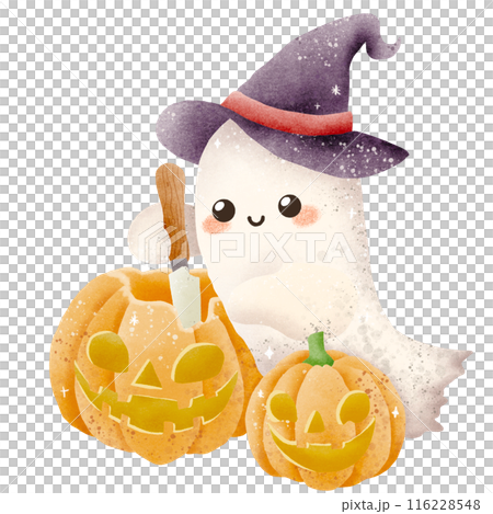 Watercolor Hand drawn illustration Rustic watercolor cute ghost carving a jack o lantern isolated spooky halloween cartoon character element 116228548