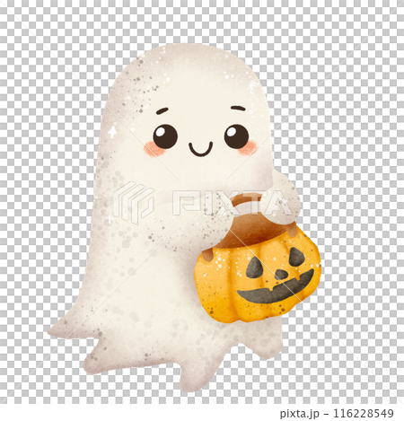 Watercolor Hand drawn illustration Rustic watercolor cute ghost holding a pumpkin basket trick or treating isolated spooky halloween cartoon character element 116228549