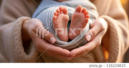Close-up of Feet of Newborn Baby in the Mother Hands - Generative Ai 116228625
