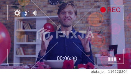 Image of icons and camera recording screen over caucasian man having online call Image of icons and camera recording screen over caucasian man having online call 116228804