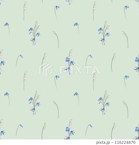 Seamless pattern with bouquet of the light blue scillas and white lilies of the valley - first spring flowers with bow. Watercolor botanical illustration of flowers. Hand drawn isolated on background. 116228870