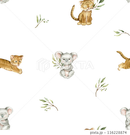 Seamless pattern with green eucalyptus leaves and cute tiger and koala. Watercolor isolated illustration on white background. Cartoon kids print with animals minimalist scandinavian style. 116228874
