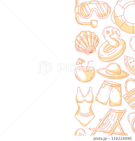 Summer square card, monochrome orange beach accessories icons. Side border frame, copy space, isolated on white. Summertime, holiday and vacation. For poster, flyer, banner, invitation, social media 116228890