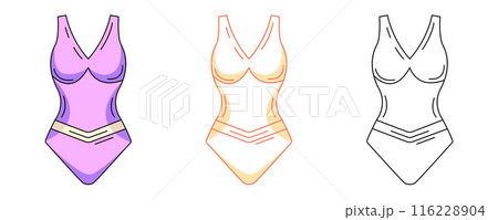 Womens summer beach one piece swimsuit, colorful and line icons set. Summer vector outline icon, monochrome and color illustration. Holiday and vacation, summertime. For logo, sticker, coloring book 116228904