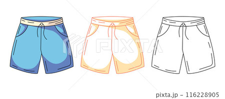 Mens summer beach swimming shorts, colorful and line icons set. Summer vector outline icon, monochrome and color illustration. Holiday and vacation, summertime. For logo, sticker, coloring book Mens summer beach swimming shorts, colorful and line icons set. Summer vector outline icon, monochrome and color illustration. Holiday and vacation, summertime. For logo, sticker, coloring book 116228905