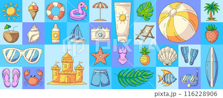 Geometric modern horizontal banner with summer beach colorful icons. Minimal abstract layout for poster, flyer, cover, brochure, party. Summer vector background, summertime fun concept 116228906