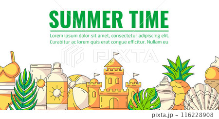 Summer colorful horizontal banner, beach accessories elements. Bottom border frame, copy space. Summertime, holiday and vacation. For poster, flyer, card, invitation, social media, postcard Summer colorful horizontal banner, beach accessories elements. Bottom border frame, copy space. Summertime, holiday and vacation. For poster, flyer, card, invitation, social media, postcard 116228908