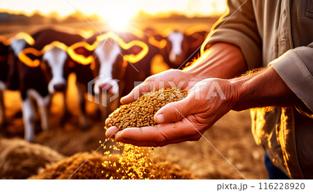 Farmer Holding Dry Granulated Food in Hand and Giving it to Cows - Generative Ai 116228920
