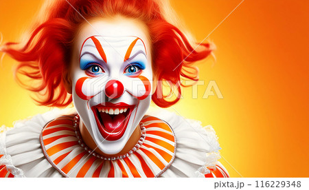Portrait of a Screaming Female Clown on White Yellow-Orange Background - Generative Ai 116229348