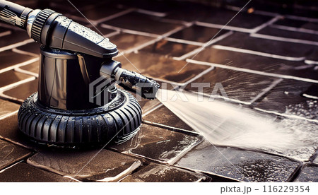 Pressure Water Jet Cleaning Machine on a Wet Stone Pavement - Generative Ai 116229354