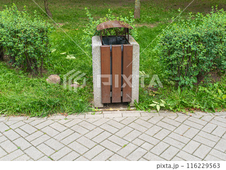 Modern Iron Garbage Bin, Black Trash Can on Street, Metal Waste Bin for Mix Trash and Non Recyclable Waste 116229563