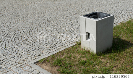 Modern Garbage Bin, Black Trash Can on Street, Concrete Metal Waste Bin for Mix Trash 116229565