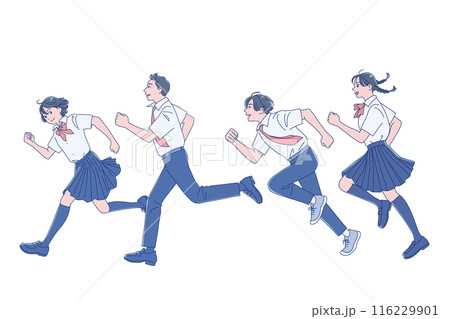 笑顔で走り出す男女の学生 116229901
