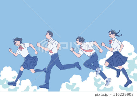 笑顔で走り出す男女の学生 116229908