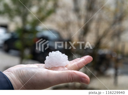 Big Hails after Hailstorm, Ice Hail on Street, Large Hailstone Damage, Big Ice Balls, Natural Disaster 116229940
