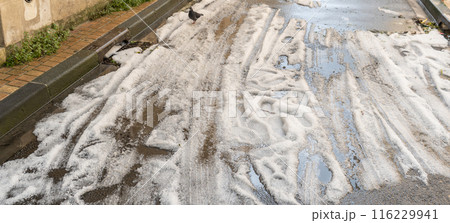 Big Hails after Hailstorm, Ice Hail on Street, Large Hailstone Damage, Big Ice Balls, Natural Disaster Big Hails after Hailstorm, Ice Hail on Street, Large Hailstone Damage, Big Ice Balls, Natural Disaster 116229941