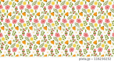 Seamless arrangement featuring floral elements. Botanical-inspired repetitive fabric or wallpaper design with yellow and orange flowers, red berries, leaves, and cherry blossom. Seamless arrangement featuring floral elements. Botanical-inspired repetitive fabric or wallpaper design with yellow and orange flowers, red berries, leaves, and cherry blossom. 116230232
