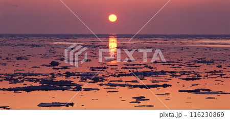 北海道知床岬からのオホーツク氷海落日 北海道知床岬からのオホーツク氷海落日 116230869