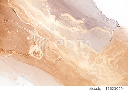 A close-up image showcasing the intricate details of a liquid abstract painting with swirling, ethereal, gold and beige hues 116230994