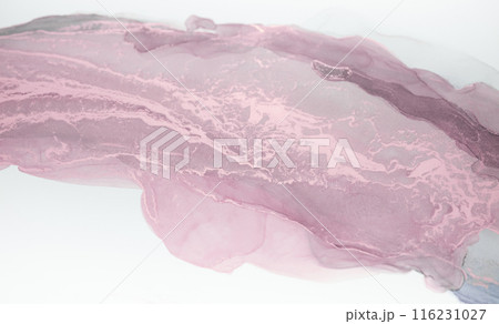 A close-up image of abstract pink and gray ink swirls on a white background. The ink creates a beautiful, flowing pattern A close-up image of abstract pink and gray ink swirls on a white background. The ink creates a beautiful, flowing pattern 116231027