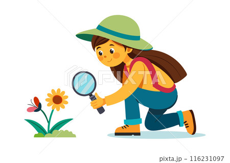 A girl is looking at a flower with a magnifying glass 116231097