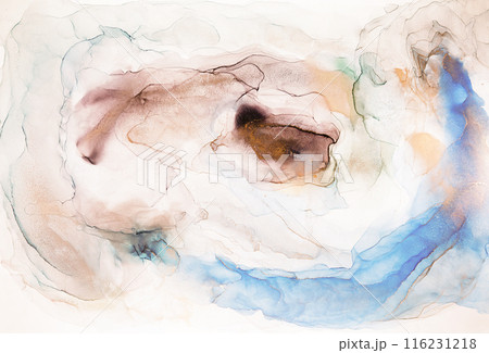 Abstract Ink Art: Whimsical Swirls of Blue and Brown 116231218