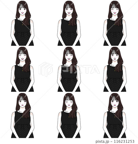 黒髪ロングヘアの女性のイラスト 表情 セット 黒髪ロングヘアの女性のイラスト 表情 セット 116231253