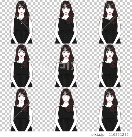 黒髪ロングヘアの女性のイラスト 表情 セット 黒髪ロングヘアの女性のイラスト 表情 セット 116231253