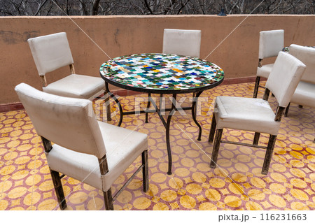 Street Restaurant Table in Moroccan Cafe Mountains View, Winter Morocco, Empty Cafe Tables, Authentic Exotic 116231663