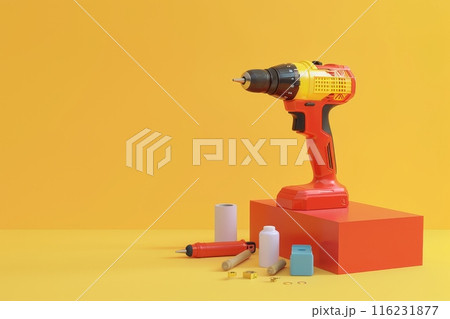 A red power drill sits on a red block with other tools and supplies with Generative AI 116231877