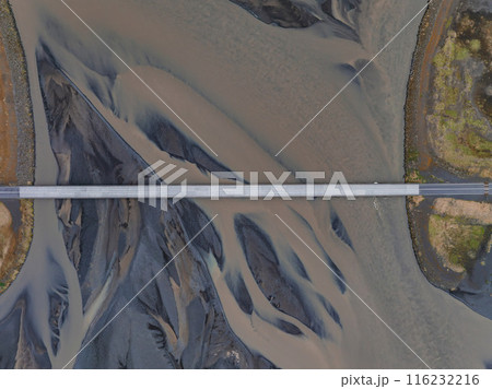 Bird's-eye view of a simple bridge spanning a wide, light brown river in Iceland. The surrounding landscape features a mix of brown and green hues, highlighting the natural beauty. 116232216