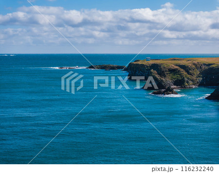 Aerial view of a rocky coastline in Iceland with calm blue ocean, green cliffs, and small white houses in the distance under a bright blue sky. 116232240