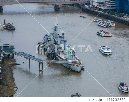 Aerial view of the Tower bridge in London, UK. The center of London over river Thames. Capital of Great Britain. 116232252