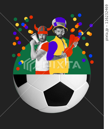 Two fans in vibrant costumes, supporting favorite soccer tam with energy and emotions, abstract soccer ball and colorful elements. Contemporary art collage. Two fans in vibrant costumes, supporting favorite soccer tam with energy and emotions, abstract soccer ball and colorful elements. Contemporary art collage. 116232469