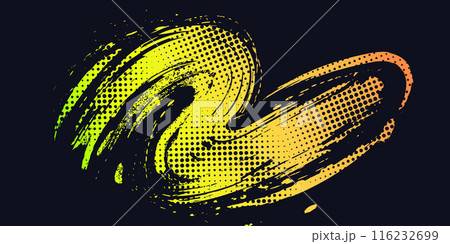 Abstract Sports Background with Orange and Green Gradient Brushstrokes and Halftone Effect. Vibrant Grunge Background 116232699