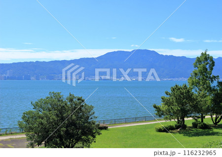琵琶湖の湖岸緑地の緑と対岸の比叡山の風景 116232965
