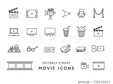 映画・映画館にまつわるアイコンセット(モノクロ) 映画・映画館にまつわるアイコンセット(モノクロ) 116233211