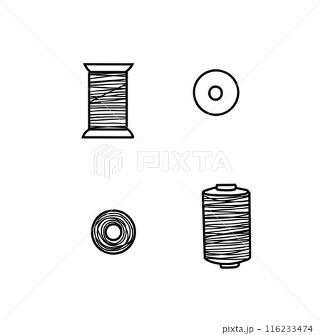 Set of sewing threads spools top and side view. Hand drawn Vector illustration of Skeins for Sewing. Spools for seamstress in doodle style, isolated on white background. Set of sewing threads spools top and side view. Hand drawn Vector illustration of Skeins for Sewing. Spools for seamstress in doodle style, isolated on white background. 116233474