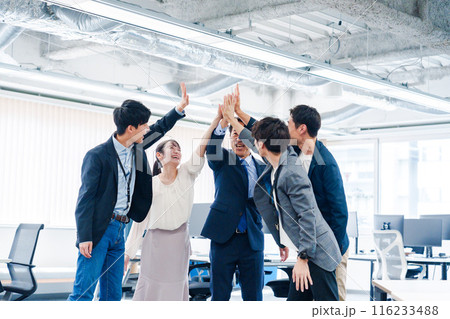 オフィスでハイタッチをするビジネスパーソン オフィスでハイタッチをするビジネスパーソン 116233488