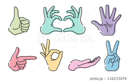 Hands with gestures OK, peace sign, thumb up, pointing index finger, showing heart, cupped hand, open palm. Line icons set isolated on white background Hands with gestures OK, peace sign, thumb up, pointing index finger, showing heart, cupped hand, open palm. Line icons set isolated on white background 116233876
