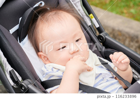 ベビーカーに乗る10か月の赤ちゃん　男の子　育児 116233896