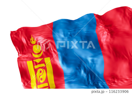 Realistic flag of Mongolia with folds, isolated on white background. Footer, corner design element. Cut out. Perfect for patriotic themes or national event promotions. Empty, copy space. 3D render. 116233906