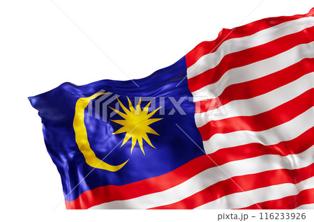 Realistic flag of Malaysia with folds, isolated on white background. Footer, corner design element. Cut out. Perfect for patriotic themes or national event promotions. Empty, copy space. 3D render. 116233926