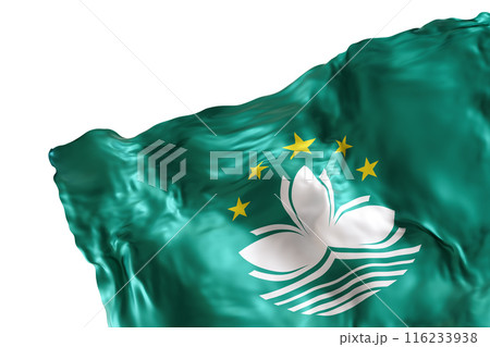 Realistic flag of Macau with folds, isolated on white background. Footer, corner design element. Cut out. Perfect for patriotic themes or national event promotions. Empty, copy space. 3D render. 116233938