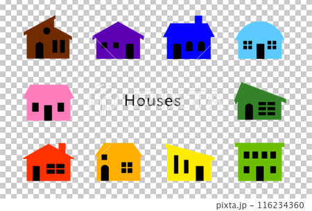 Houses: Colorful houses with black doors and windows Houses: Colorful houses with black doors and windows 116234360