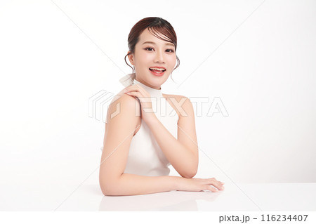 Beautiful young asian woman with clean fresh skin on white background, Face care, Facial treatment, Cosmetology, beauty and spa, Asian women portrait. 116234407